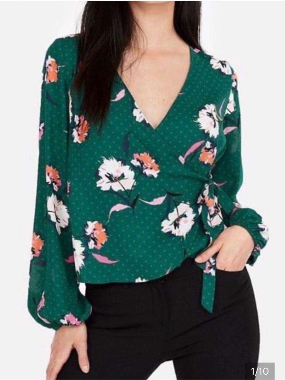 Express Teal Green Floral Wrap Blouse